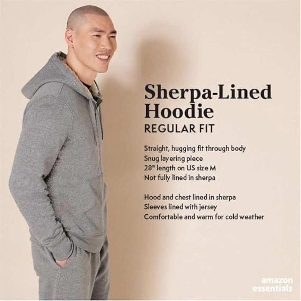 Amazon Essentials Men's Black Sherpa-Lined Fleece Hoddie Sweatshirt Small - Picture 4 of 7